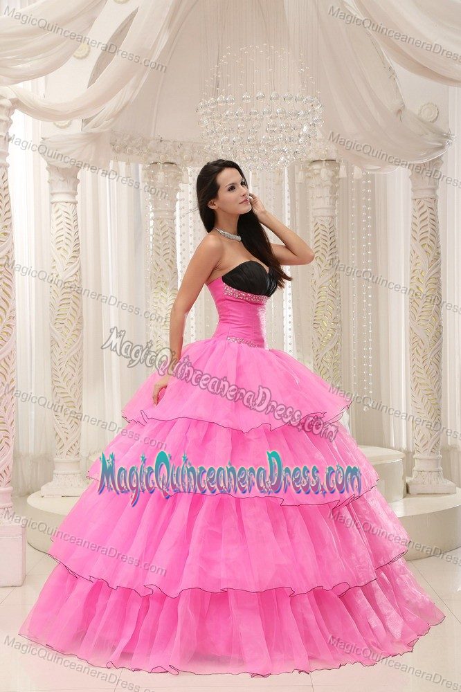 Black Sweetheart Rose Pink Long Dress For Quinceanera with Ruffle-layers