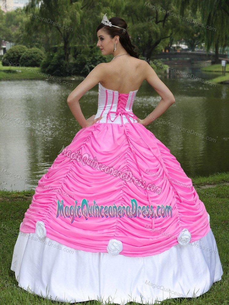 Hot Pink Strapless Long Quinceanera Gown Dress with Flower and Pick-ups