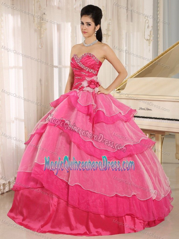 Hot Pink Sweetheart Long Quinceanera Dresses with Ruffle-layers in Aurora