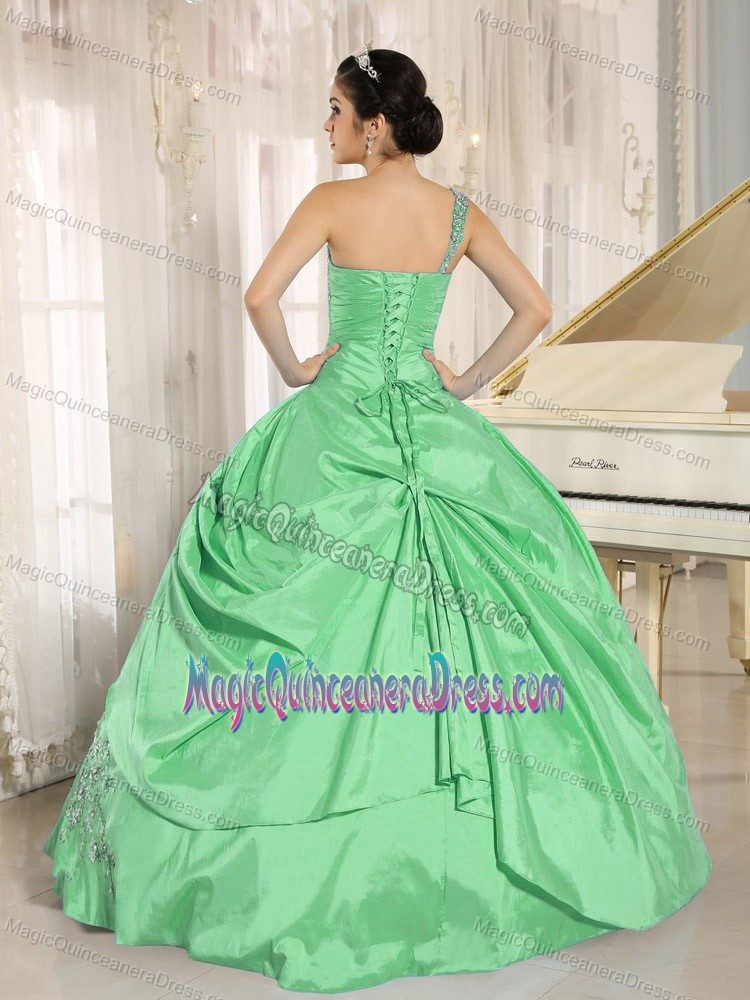 Green Beaded Single Shoulder Floor-length Quinces Dresses with Appliques