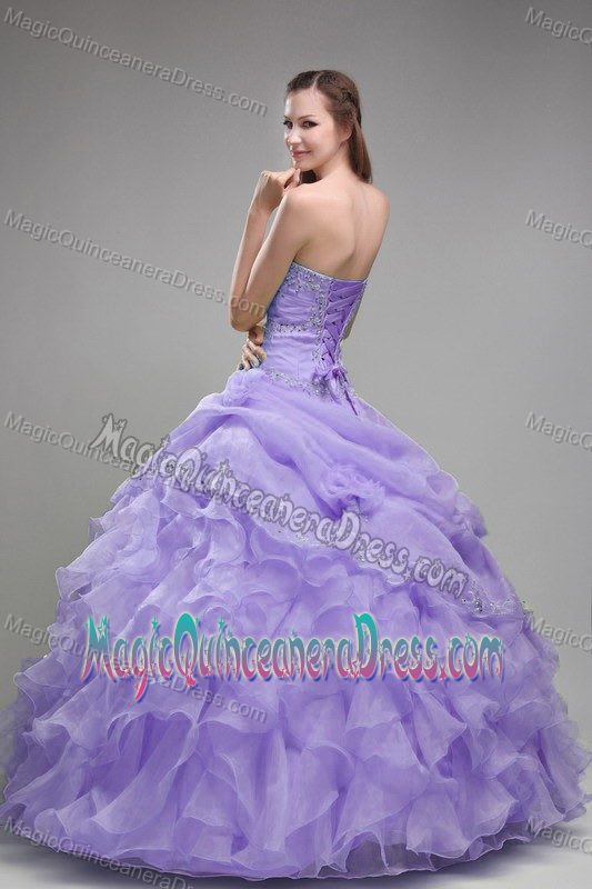Lovely Lilac Beaded Strapless Long Quinceanera Gown Dress with Ruffles