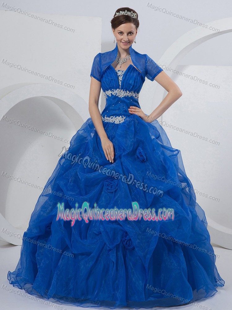 Royal Blue Appliqued Strapless Quince Dresses with Pick-ups and Flowers