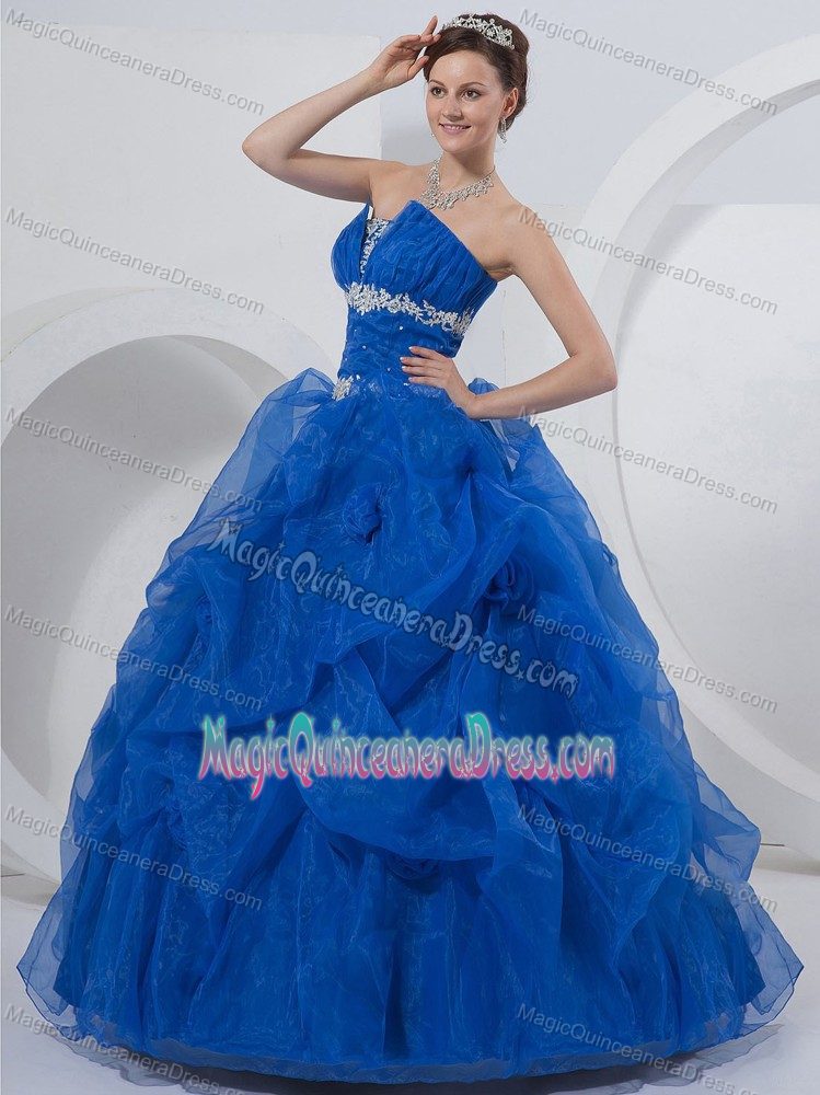 Royal Blue Appliqued Strapless Quince Dresses with Pick-ups and Flowers