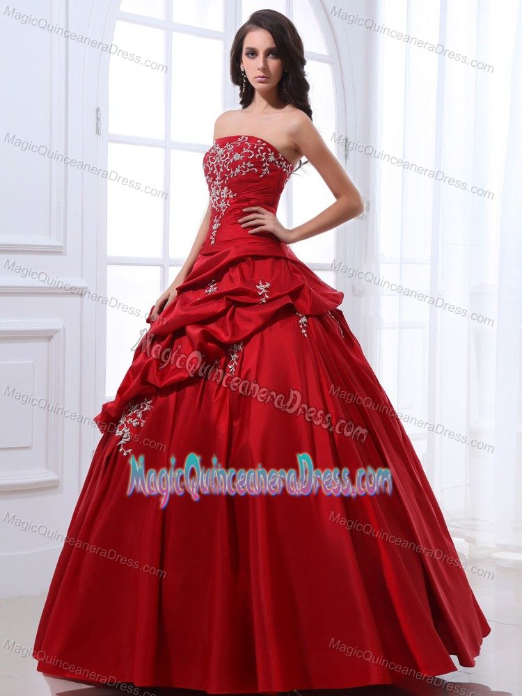Wine Red Strapless Long Quinceanera Gown with Pick-ups and Embroidery