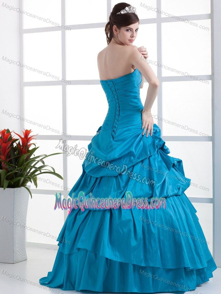 Teal Sweetheart Long Quinceanera Gown Dress with Flowers and Pick-ups