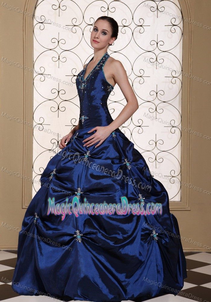 Navy Blue Beaded Halter Long Quince Dress with Embroidery and Pick-ups