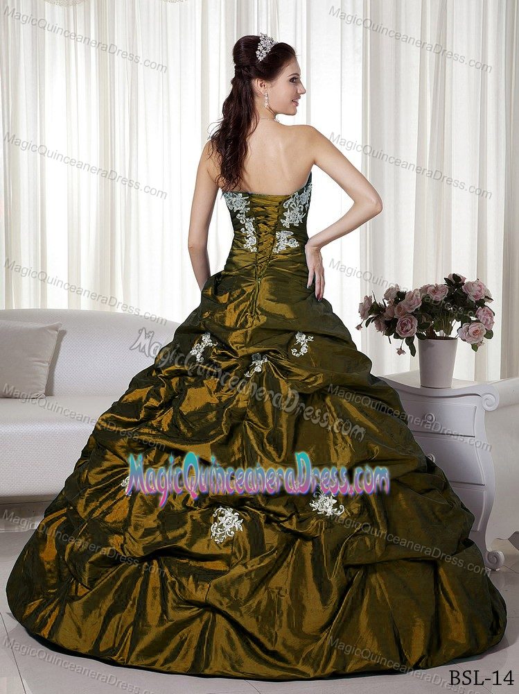 New Olive Green Applique Strapless Long Quinceanera Dress with Pick-ups