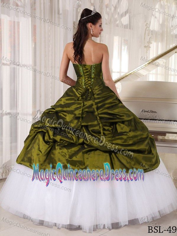 Olive Green and White Appliqued Sweetheart Quince Dresses with Pick-ups