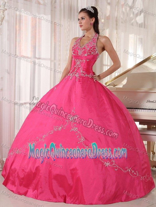Hot Pink Appliqued Halter Floor-length Quinceanera Gown Dress in Boston