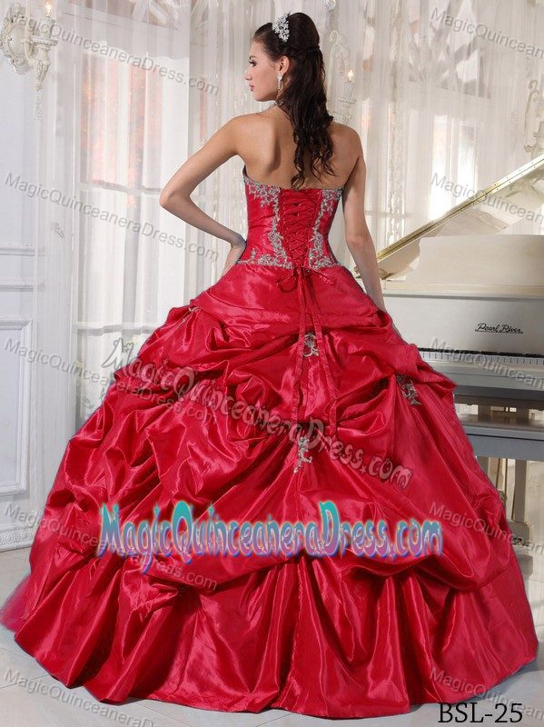 Embroidery and Pick Ups Ball Gown Red Dress For Quinceaneras in Spencer