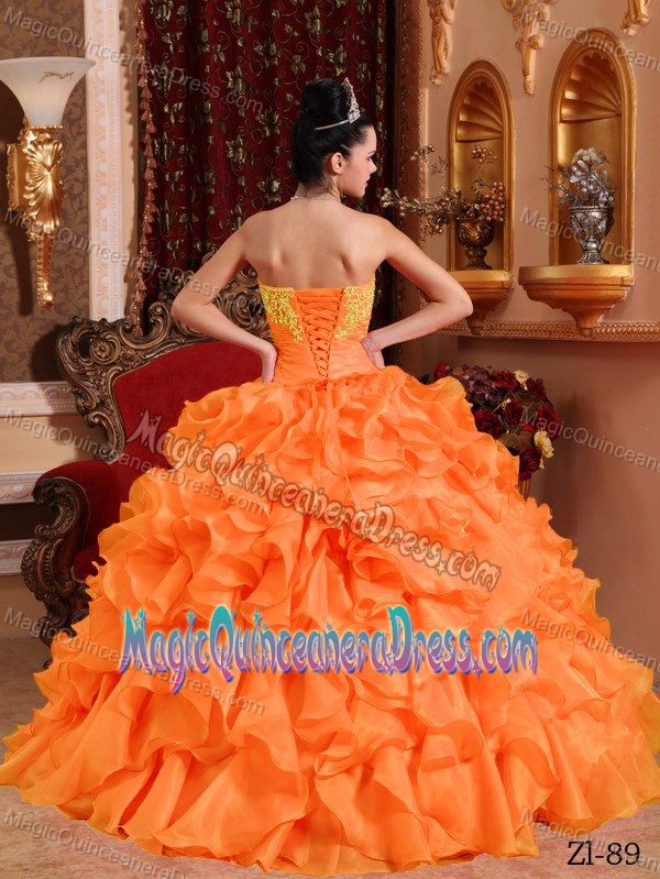 Orange Quinceaneras Dress with Ruffles Appliques and Ruche in Bow