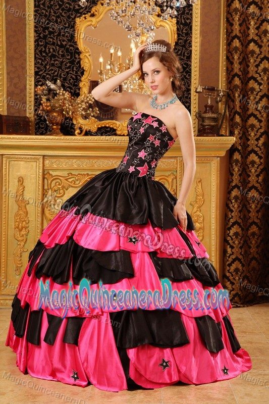 Red and Black Ruffled Layers Decorated Quinceanera Gowns in Burlington