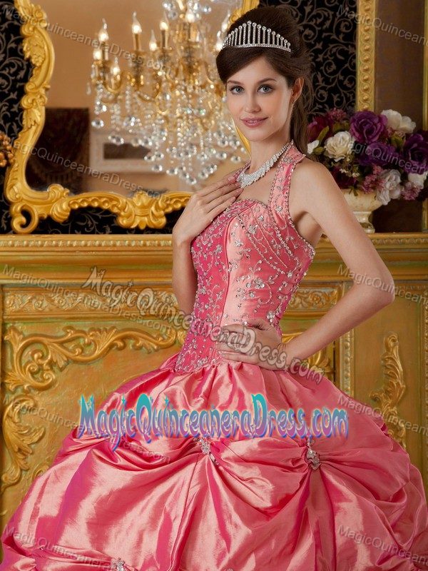 Watermelon Red Halter Top Pick Ups and Beaded Quince Dresses in Everett
