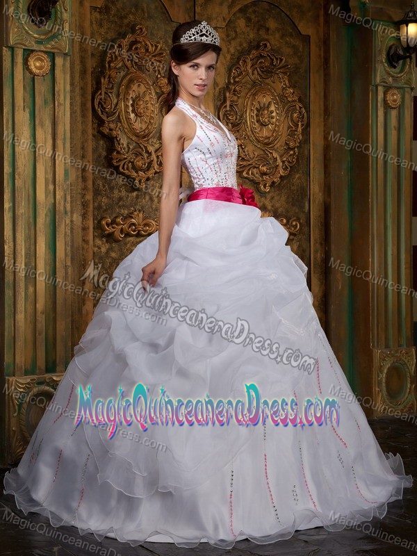 White Halter Top Beading Pick Ups and Flower Sash Quinces Dresses