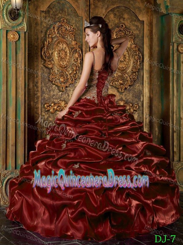 Spaghetti Straps Wine Red Pick Ups and Appliques Quinceanera Gowns