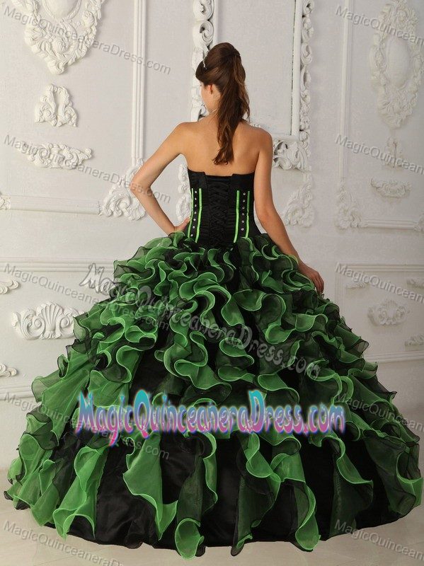 Black and Green Ruffled and Beaded Quinceanera Gown in Auburn