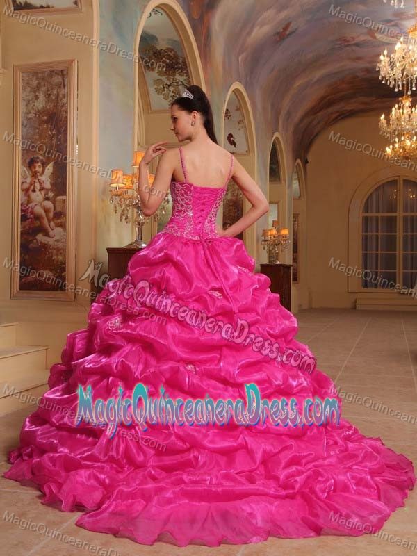 Hot Pink Spaghetti Pick Ups Quinceanera Gowns with Court Train in Pasco
