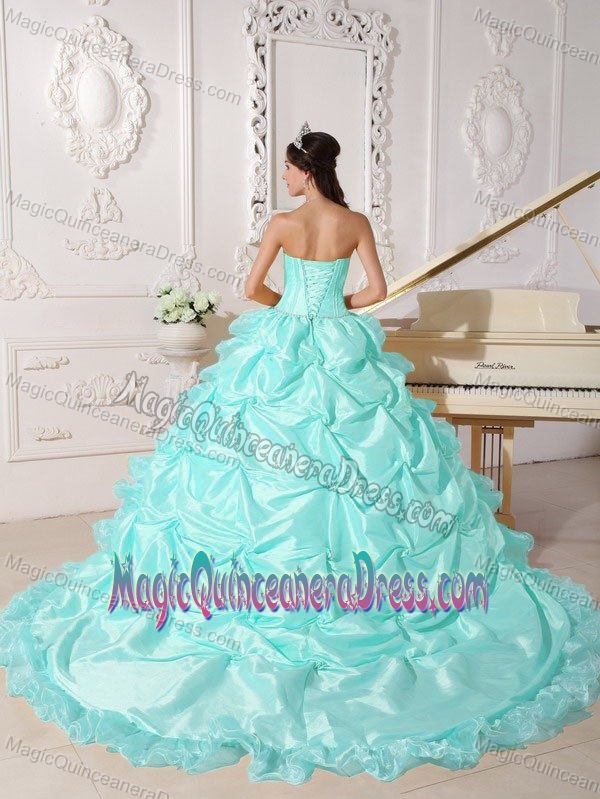 Apple Green Strapless Quinceanera Dress with Chapel Train and Pick-ups
