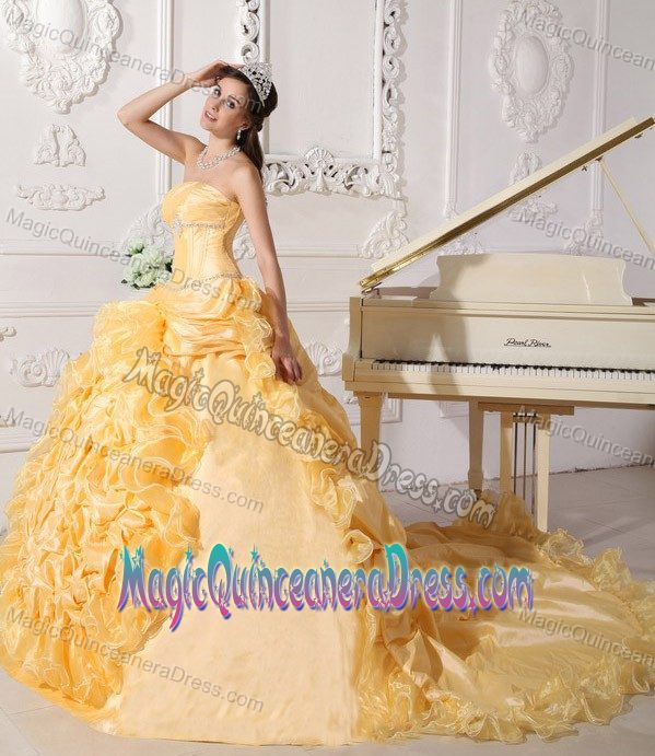 Gold Ruffled Chapel Train Sweet Sixteen Dress with Pick-ups in Macon