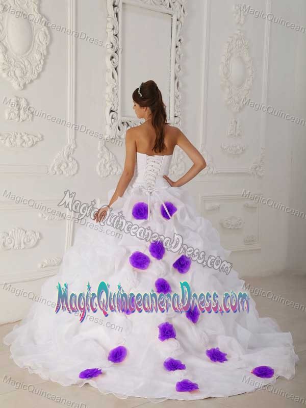 Beautiful White Strapless Princess Quince Dress with Pick-ups in Ames