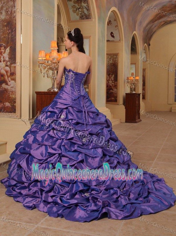 New Slate Blue Strapless Court Train Quinceanera Dress with Pick-ups