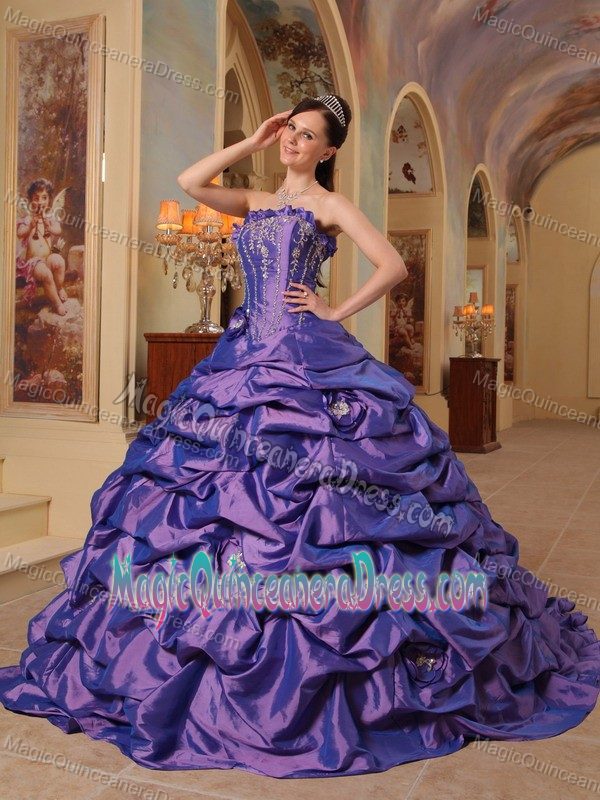 New Slate Blue Strapless Court Train Quinceanera Dress with Pick-ups
