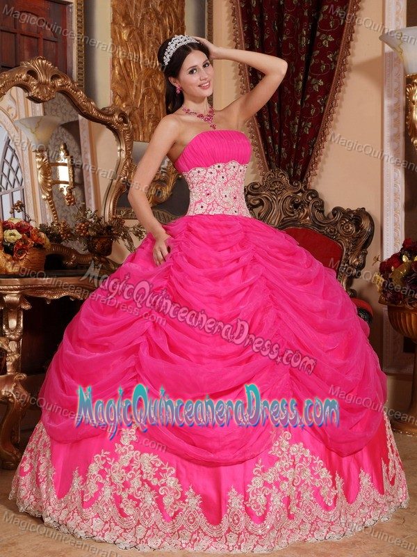 Hot Pink Ruched Strapless Floor-length Dress for Quince with Pick-ups