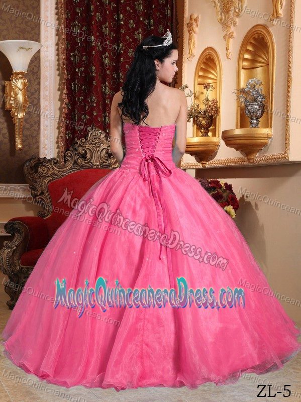 Watermelon Strapless Quinceanera Dresses with Appliques and Ruches