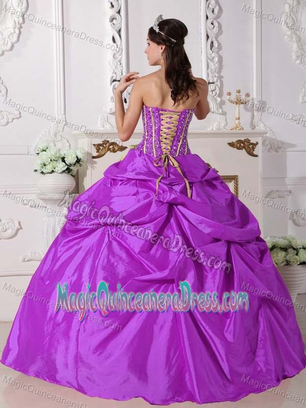Purple Beading Strapless Quinceanera Gowns with Pick-ups and Flowers