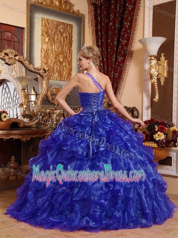 One Shoulder Floor-length Blue Dresses for Quince with Ruffles in Irvine