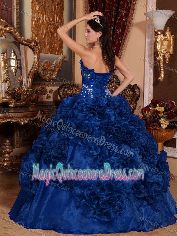 Blue Ruffled and Beaded Strapless Dresses For Quinceanera in Norcross