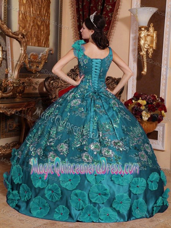 Teal V-neck Floor-length Quinceanera Dress with Appliques and Pattern