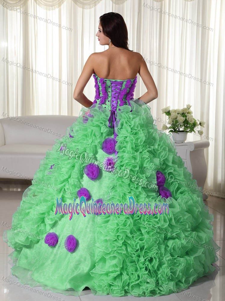 Ruffled Strapless Dress For Quinceanera in Green with Flowers in Stuart
