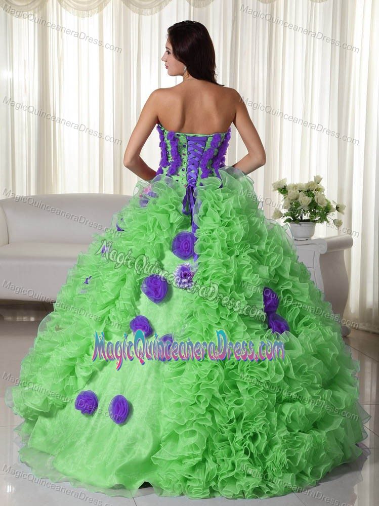 Best Green Ruffled Quinceanera Gowns with Purple Hand Made Flowers