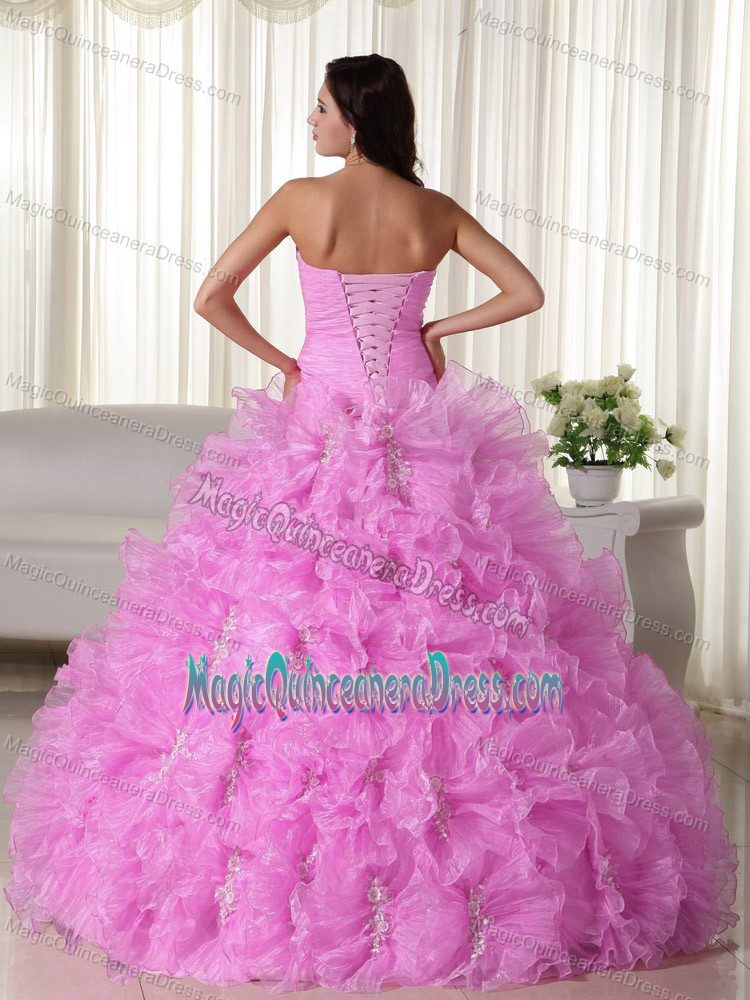 Strapless Floor-length Pink Quinceanera Dress with Appliques and Ruffles