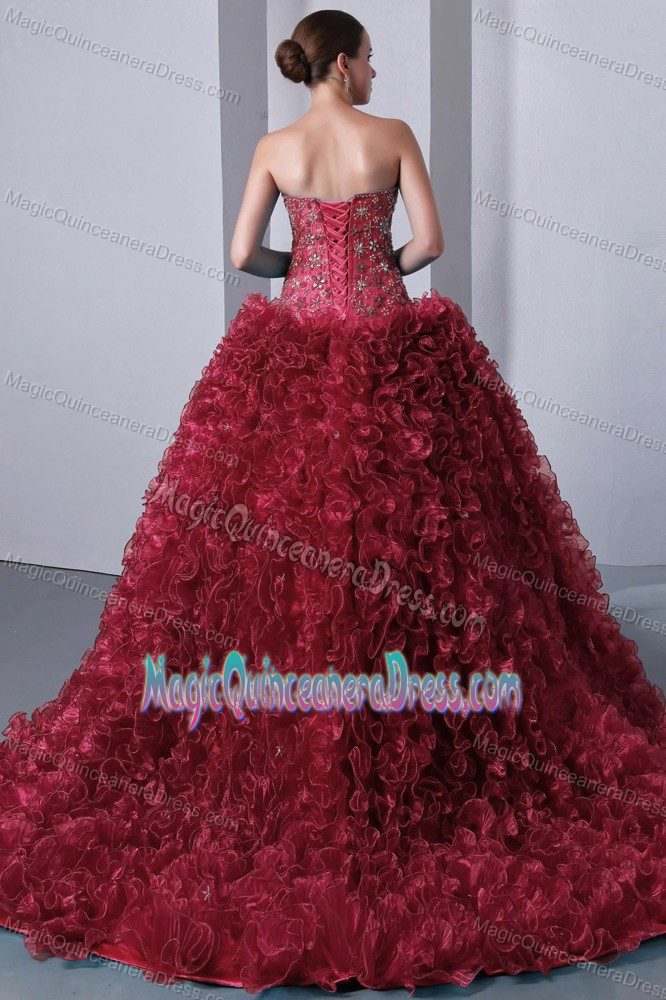 Sweetheart Dress For Quinceanera in Wine Red with Beading and Ruffles