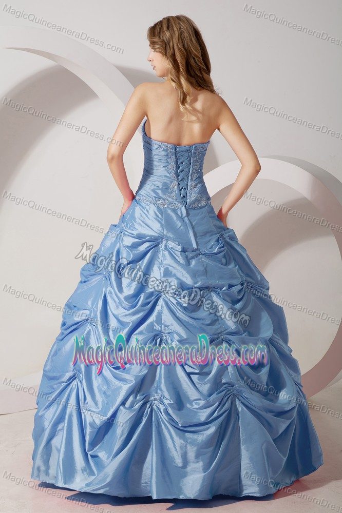 Strapless Quince Dresses in Light Sky Blue with Embroidery and Pick-ups