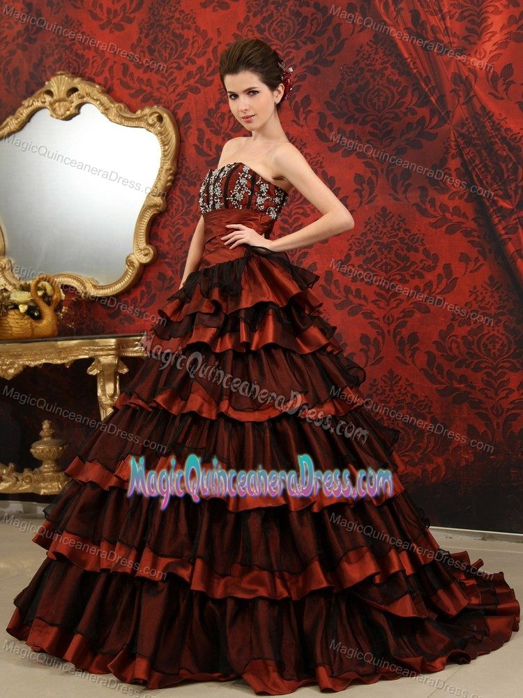 Rust Red and Black Sweetheart Quince Dress with Court Train and Ruffles