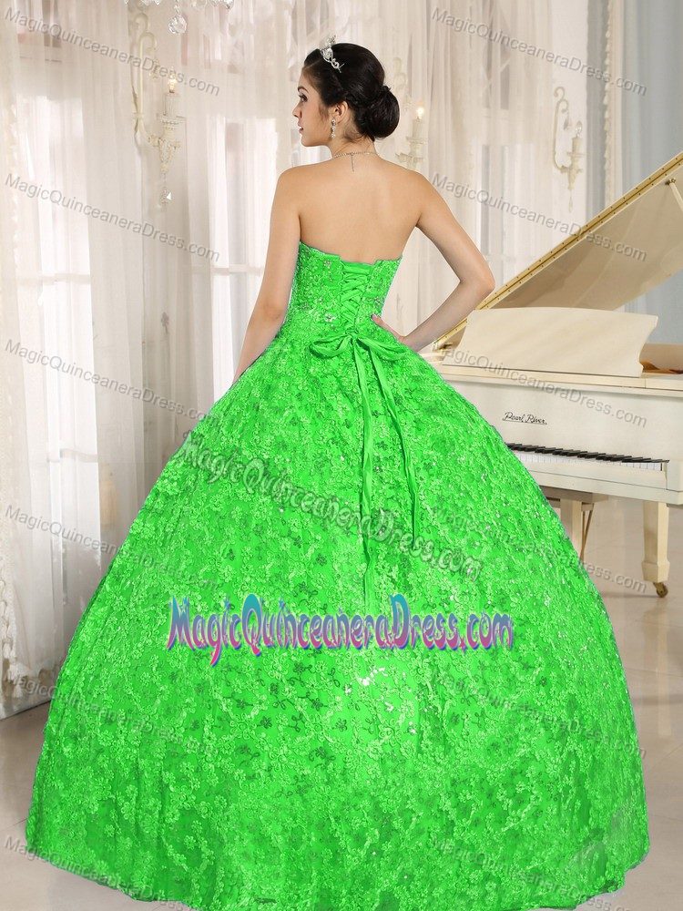 Spring Green Floor-length Sweet 15 Dress with Sequins and Lace Up Back