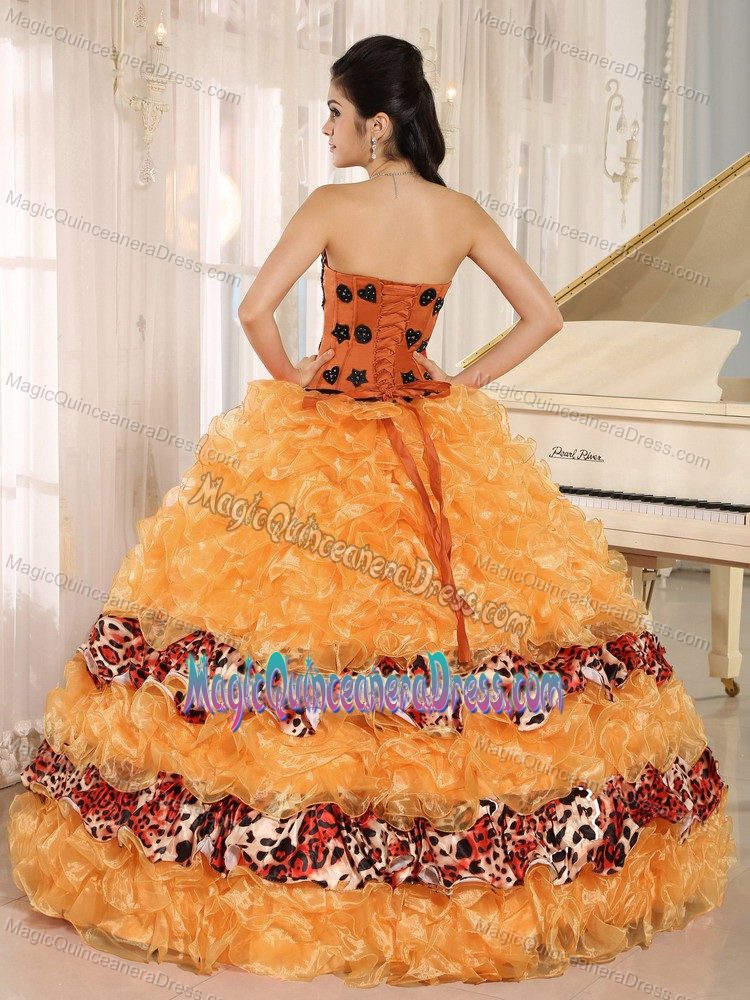 Orange Sweetheart Floor-length Quinces Dresses with Ruffles and Pattern