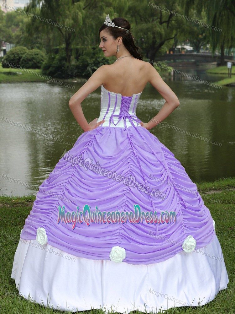 Cheap Lavender Strapless Dress For Quinceanera with Pick-ups and Flower
