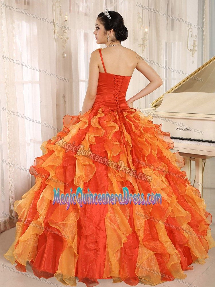 Beaded and Ruffled One Shoulder Orange Sweet 15 Dresses in Gainesville