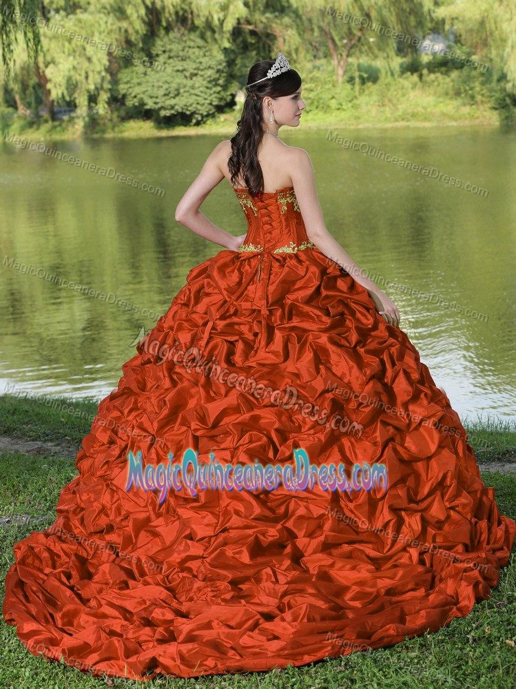 Red and Yellow A-line Dresses for Quince with Brush Train and Pick-ups
