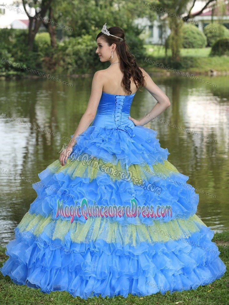 Beaded Strapless A-line Blue Quinceanera Gowns with Ruffles and Sequins