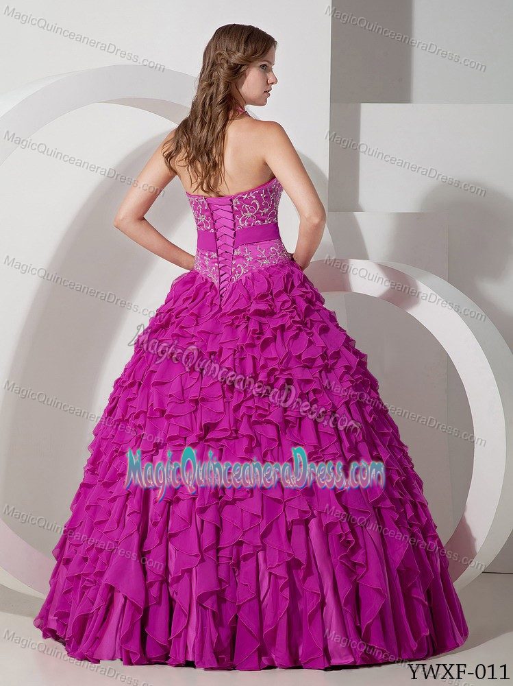 Fuchsia Halter Top A-line Quinceanera Gown Dresses with Ruffles and Sash