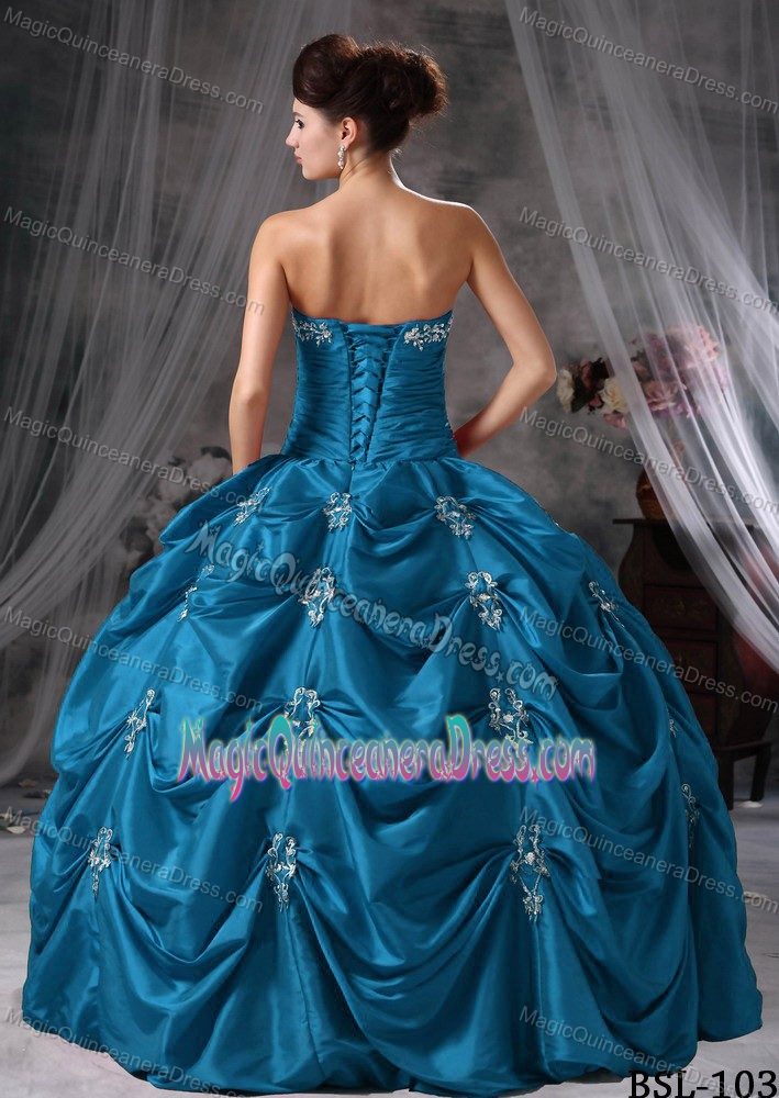 Blue Strapless Floor-length Sweet Sixteen Dresses with Beading and Pick-ups
