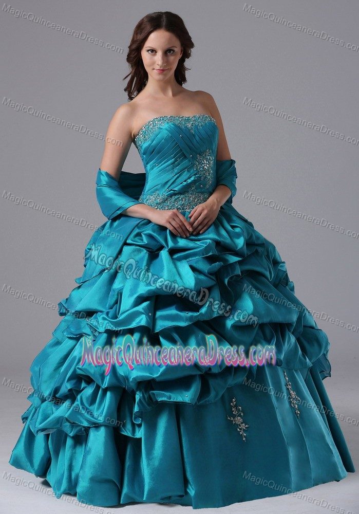 Strapless Floor-length A-line Teal Quinceanera Dress with Pick-ups in Aspen