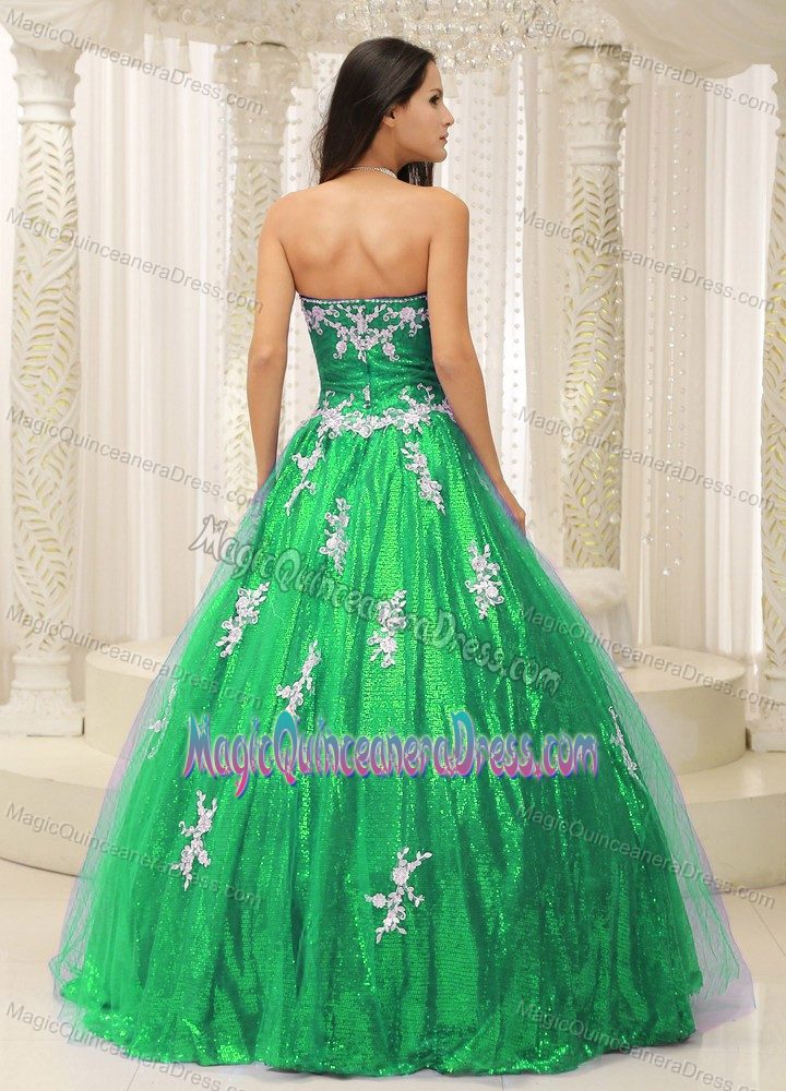 Green A-line Strapless Quinceanera Dress with Appliques and Sequins in Vail