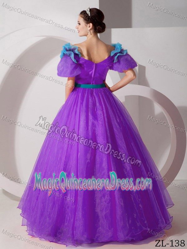 Off the Shoulder A-line Floor-length Purple Quinceanera Gowns with Flowers