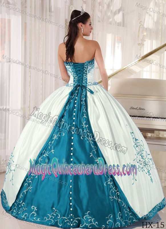 White and Teal Strapless Dress for Quinceanera in Floor-length with Appliques
